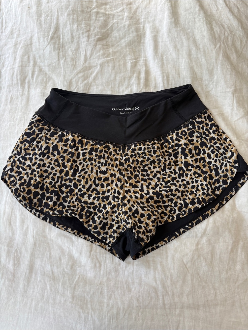 Outdoor Voices Leopard-Print Athletic Shorts in Black and Tan